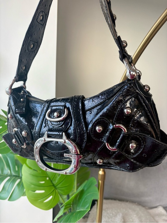 Guess Handbags - Vintage Y2K GUESS Black Ostrich Patent G Logo Studded Buckle Shoulder Bag Purse